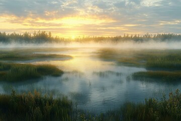 Fototapeta premium Serene misty wetland at sunrise with calm water reflecting golden light and surrounded by green grass and distant forest under a cloudy sky