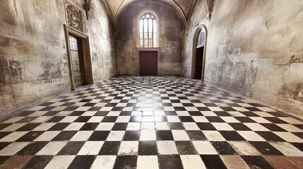 Ancient Hallway Checkered Floor Gothic Architecture