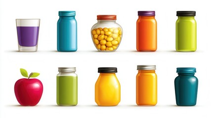 Colorful beverage bottles and jars displayed on a white background.  Various colors and shapes
