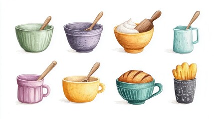 Colorful illustrated set of cooking utensils and baked goods