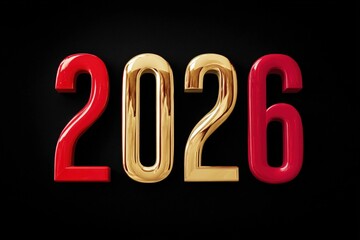 Number 2026 new year of a gold and red number on a black background with sharp contrast and metallic texture.