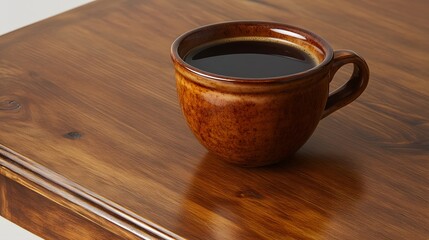 Dark Coffee in Rustic Brown Mug on Wooden Table