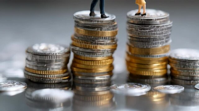 Miniature figurines standing atop different stacks of coins to portray unequal pay, depicting gender or economic disparities.