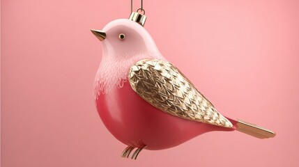 Pink bird ornament hanging from gold and pink decorative element on a white background.