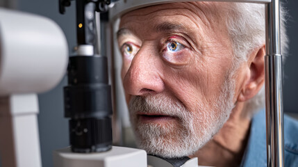 Elderly man receives detailed eye examination using a slit lamp device during a routine visit to the optometrist or ophthalmologist.