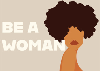 be a woman vector illustration. Abstract woman face and afro hairstyle in minimalistic flat design in beige colors