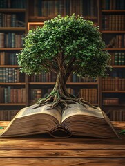 World Philosophy Day Illustration features tree growing from open book on wooden table Bookshelves in background Represents knowledge