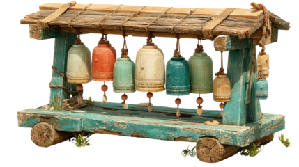 Serene Chimes: Capture the ethereal beauty of a rustic wind chime structure adorned with seven antique bells, each whispering a unique melody. Witness the harmony of color and time
