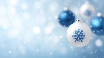 Three red Christmas balls hanging on a string with white snowflake decorations on a white background.