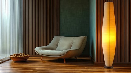 Modern, minimalist living room interior design with warm lighting.