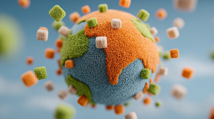 3D render of a spherical shape composed of floating random blocks, creating a dynamic abstract form with depth and modern digital style in vertical format.

