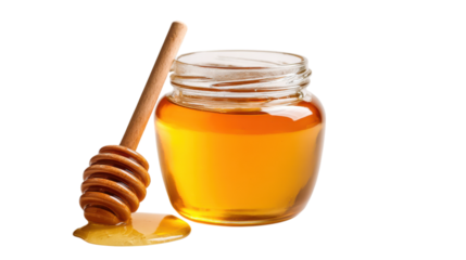 Honey jar with dipper and dripping honey on transparent background