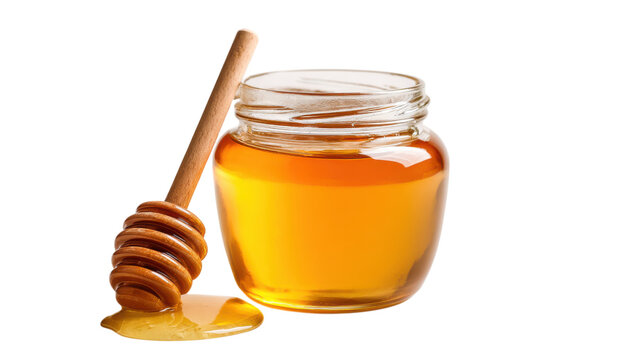 Honey jar with dipper and dripping honey on transparent background