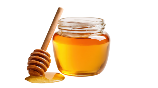 Honey jar with dipper and dripping honey on transparent background