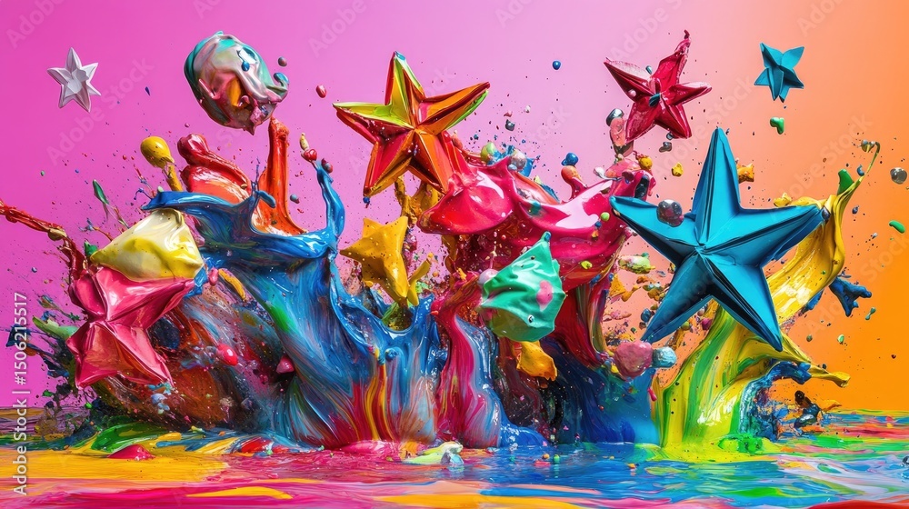 Aufkleber artistic mess of multicolored fluid melting with shining paper stars against a radiant gradient canv