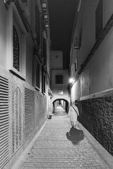 Night alleyway, person walking.