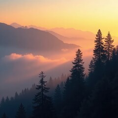Sunset over misty mountain forest landscape
