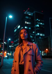 Woman in Trench Coat Under Neon Lights at Night
