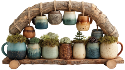 Rustic Display of Ceramic Mugs and Plants: A charming display features an array of uniquely textured ceramic mugs, each hosting a vibrant plant, arranged beneath a rustic arch made of natural wood.