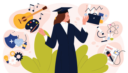 Future profession and career choice by graduate. Young woman in graduation hat making life decision to choose professional way in science or business, art, engineering cartoon vector illustration
