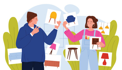 Young couple discussing and selecting furniture options for home interior design, holding images of chairs, tables, and lamps, perfect for renovation or decoration concept vector illustration