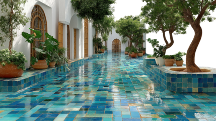 Serene Courtyard Oasis: A tranquil courtyard with stunning turquoise tiles, adorned with lush greenery and architectural elegance.