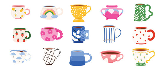 Cartoon vintage teacup collection for english afternoon tea ceremony party or breakfast, retro flower, leaf, stripes hand drawn pattern on cup and mug. Tea coffee vintage cup set vector illustration