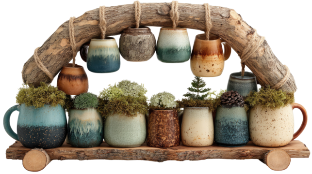 Rustic Display of Ceramic Mugs and Plants: A charming display features an array of uniquely textured ceramic mugs, each hosting a vibrant plant, arranged beneath a rustic arch made of natural wood.