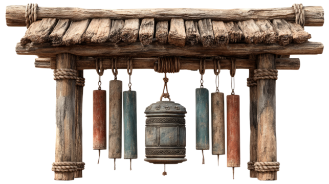 Antique Wind Chimes: Wooden wind chimes hang gracefully from a weathered wooden frame in a rustic style. The soft, tranquil tones resonate with a sense of peace.