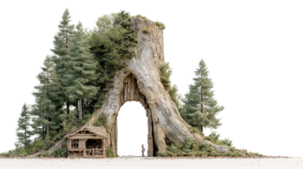 Giant Redwood Stump Doorway: An awe-inspiring visual spectacle unfolds before us, featuring a monumental redwood stump, artfully sculpted to form a majestic doorway.