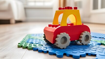 Fototapeta premium Colorful Toy Car on Interlocking Foam Play Mat