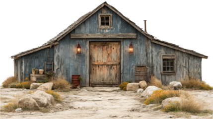 Rustic Wooden Barn: A weathered, rustic wooden barn stands majestically against a clear sky. Its aged wood, large wooden door, and small windows tell a story of time and resilience.