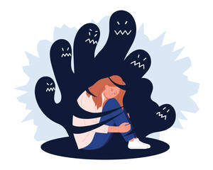 Anxiety and phobia, panic and mental health problem of person with stress, nightmare. Schizophrenic shadow monsters and ghosts with scary face attack on scared afraid girl cartoon vector illustration