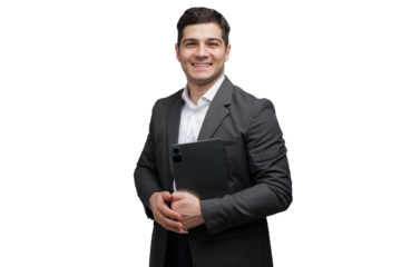 Confident professional in suit holds tablet, embodying modern business elegance and readiness for success