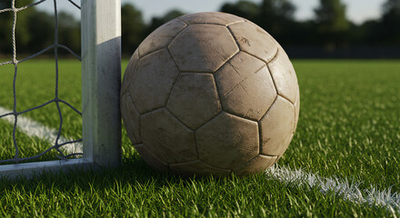Fototapeta premium Used soccer ball by goalpost on grass, realistic texture