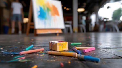 Colorful Pastels on Studio Floor with Easel Painting