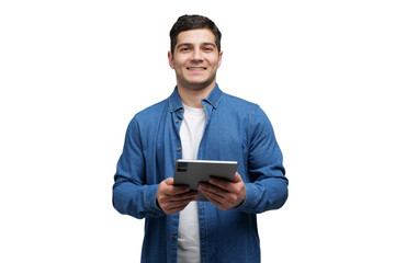 Fototapeta na wymiar Smiling young man in denim shirt showcasing his tablet with confidence and enthusiasm at home