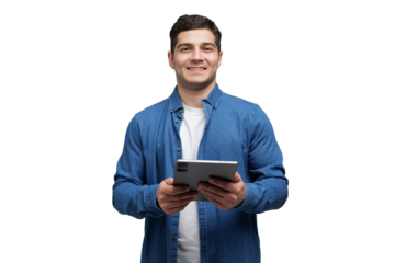 Smiling young man in denim shirt showcasing his tablet with confidence and enthusiasm at home