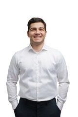 Bright smile and confident demeanor of a young man dressed in a crisp white shirt against a sleek...