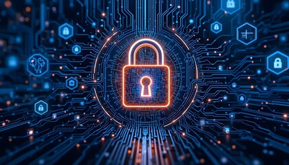 A glowing orange padlock centers circuit board representing data security and digital protection.