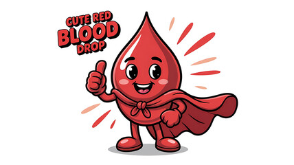 Cute red blood drop cartoon character wearing a superhero cape and giving a thumbs-up on a clean white background