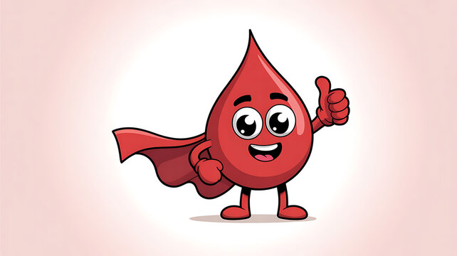 Cute red blood drop cartoon character wearing a superhero cape and giving a thumbs-up on a clean white background