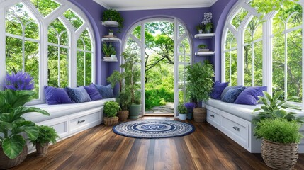 Cozy,  plant-filled sunroom with arched windows, opening to a garden