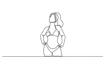 Continuous one line drawing of Woman with bikini for holiday. Single line drawing illustration of Beautiful woman with bikini. Summer vacation concept vector art. Doodle line illustration.