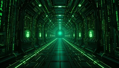 Neon green cybersecurity tunnel with matrix-style code and lock icons showcases data protection.