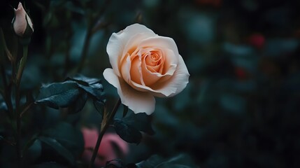 Peach Rose Bloom in Dark Garden Setting