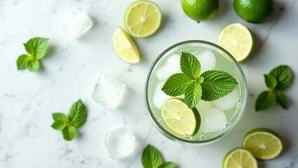 Ultra high-resolution flatlay of a refreshing mojito in a transparent glass, filled with crushed ice, fresh lime slices, and vibrant mint leaves. 