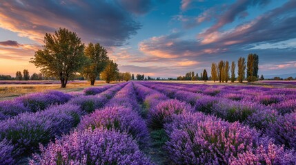 Fototapeta premium Breathtaking lavender field at sunset with trees creating a serene landscape scene