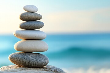 Balanced stones rest upon each other on the sandy beach as the sun sets