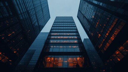 Downtown skyscrapers reach toward the sky on a dim evening.